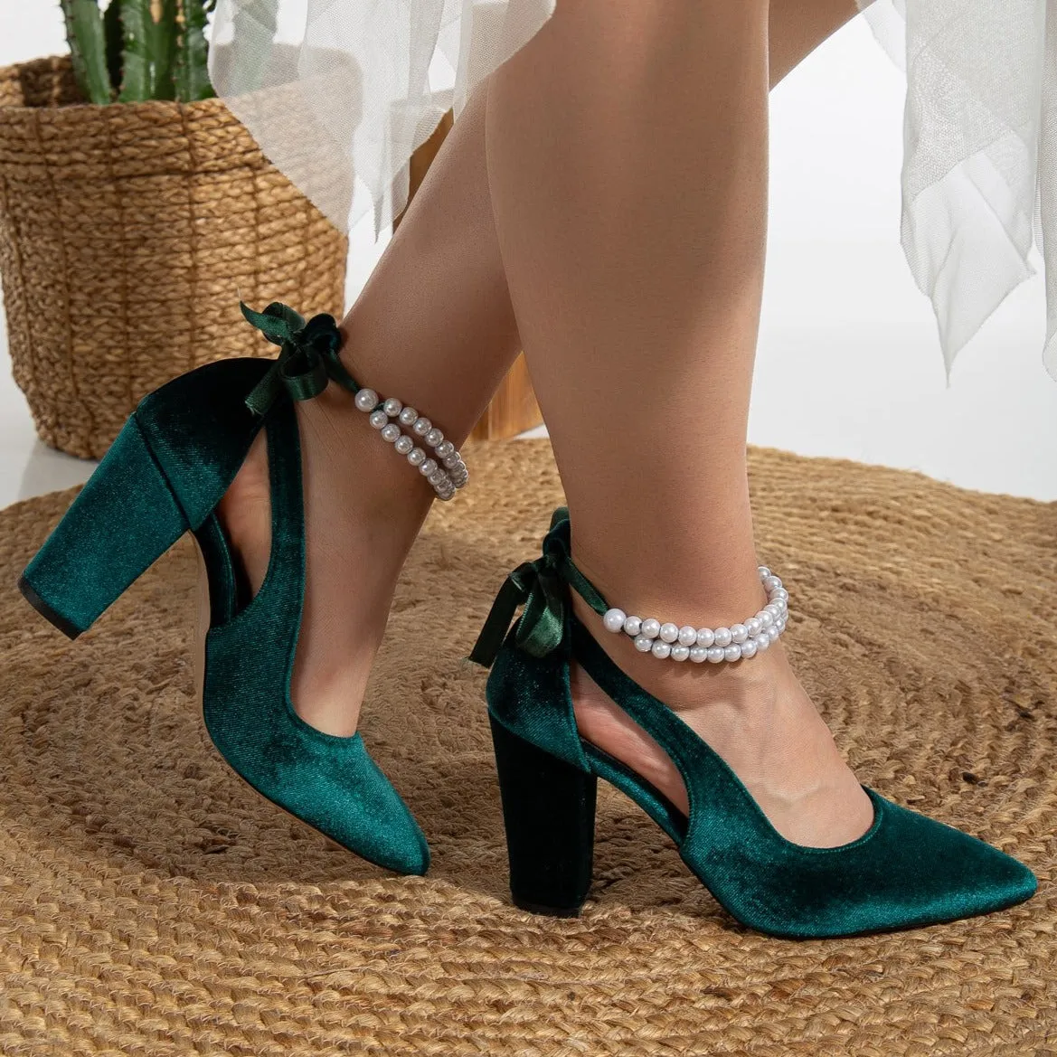 Camila - Emerald Green Velvet Shoes with Pearls