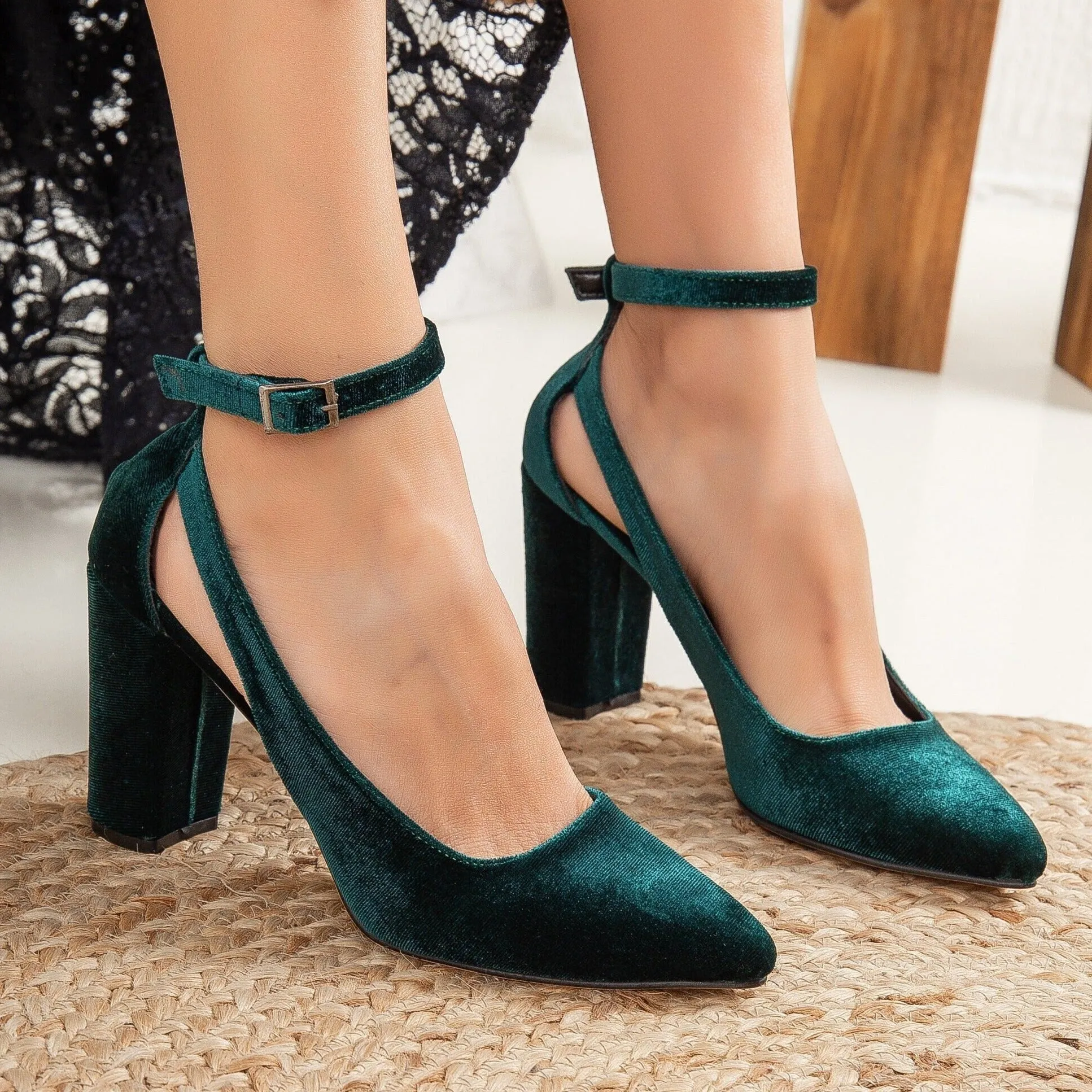 Camila - Emerald Green Velvet Shoes with Pearls