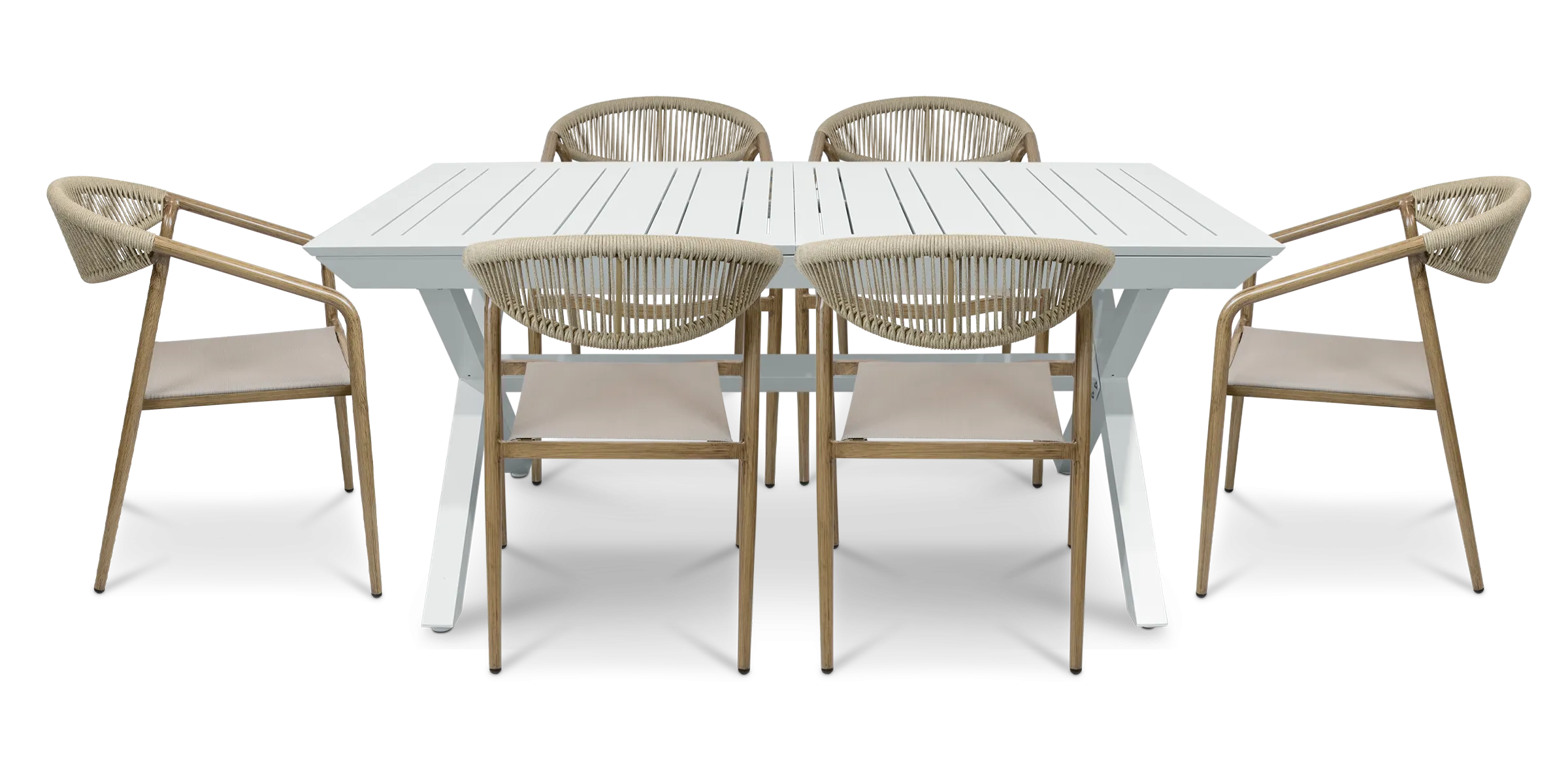 Caribbean Outdoor Extension Table in White with Rope Chairs