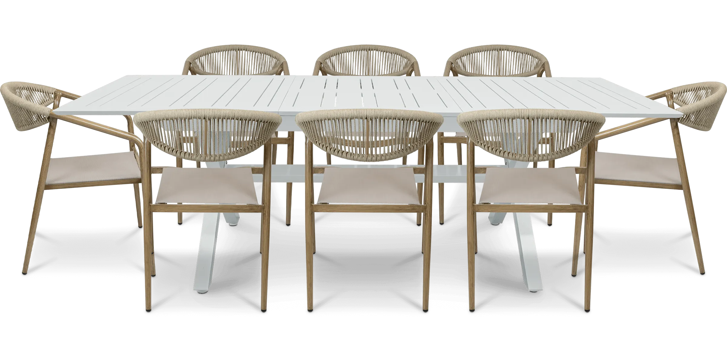 Caribbean Outdoor Extension Table in White with Rope Chairs