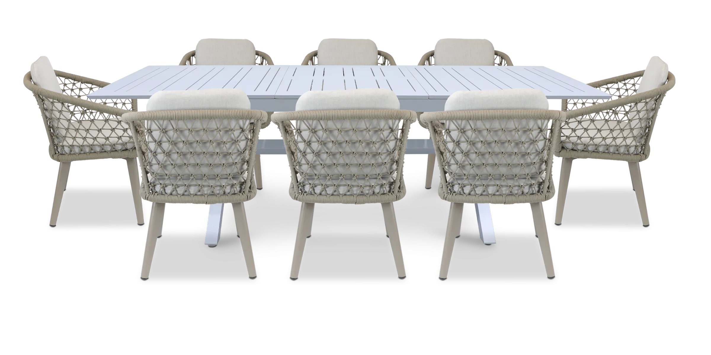 Caribbean Outdoor Extension Table in White with Rope Chairs