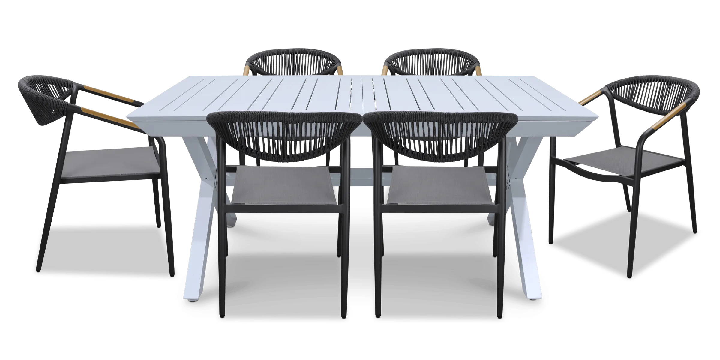 Caribbean Outdoor Extension Table in White with Rope Chairs