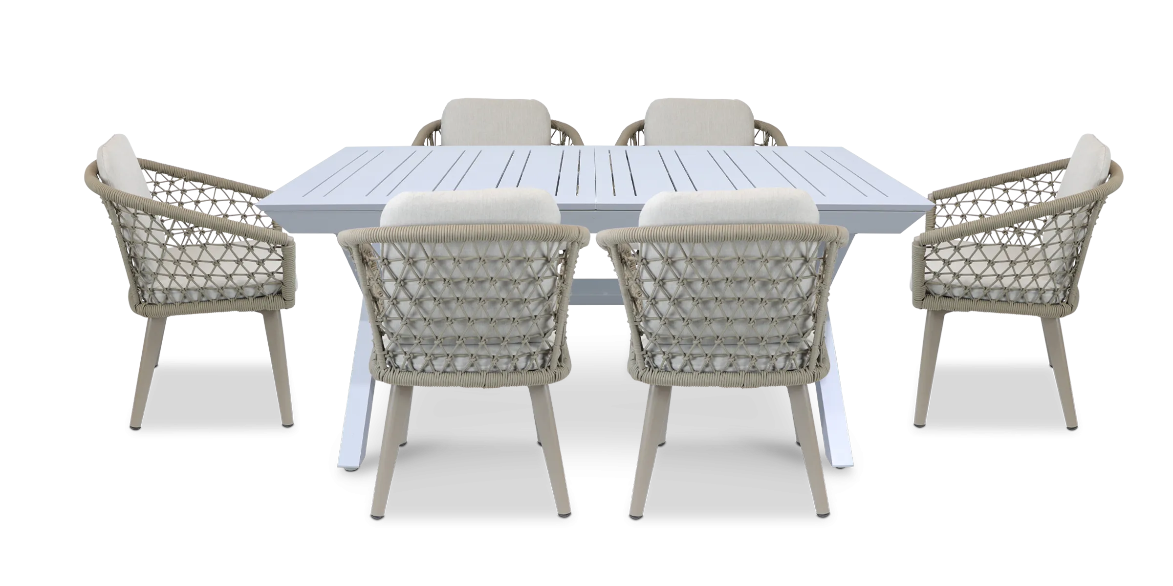 Caribbean Outdoor Extension Table in White with Rope Chairs