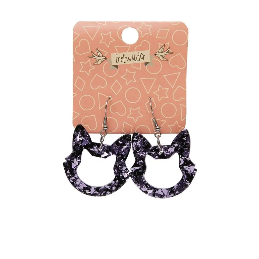 Cat Head Chunky Glitter Resin Drop Earrings - Purple