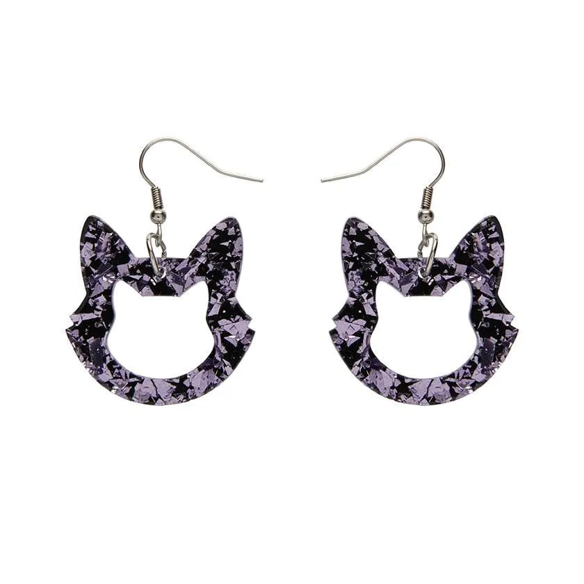 Cat Head Chunky Glitter Resin Drop Earrings - Purple