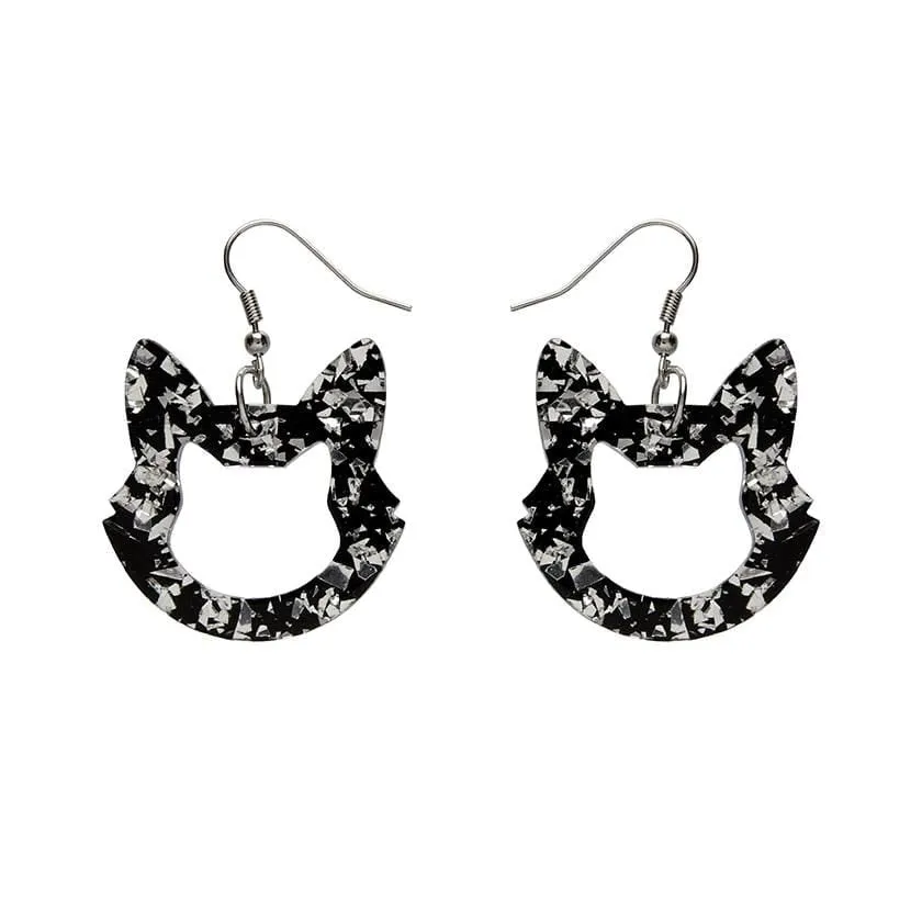 Cat Head Chunky Glitter Resin Drop Earrings - Silver