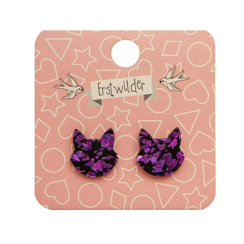 Cat Head Chunky Glitter Resin Stud Earrings - Purple