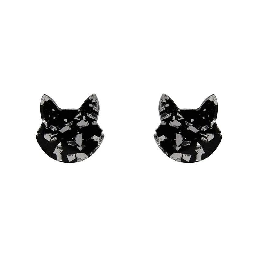 Cat Head Chunky Glitter Resin Stud Earrings - Silver