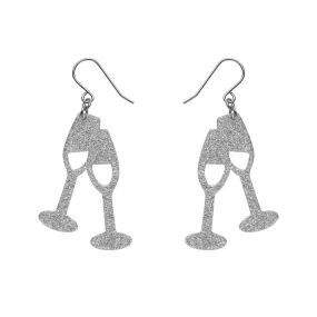 Champagne Flute Glitter Drop Earrings - Silver