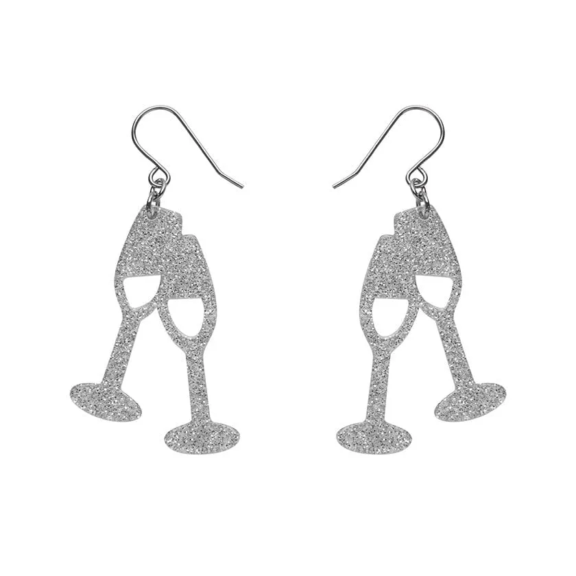 Champagne Flute Glitter Drop Earrings - Silver