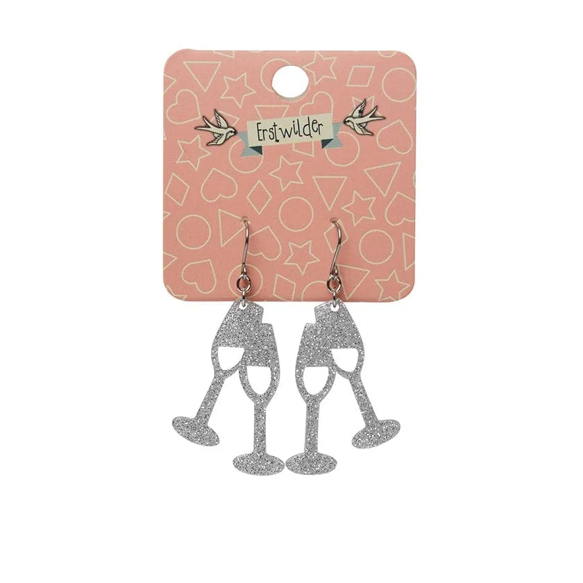 Champagne Flute Glitter Drop Earrings - Silver