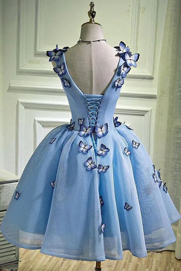 Charming Sky Blue Homecoming Dresses Butterfly Short Party Dress With Applique, SH415