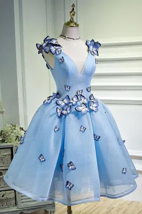 Charming Sky Blue Homecoming Dresses Butterfly Short Party Dress With Applique, SH415