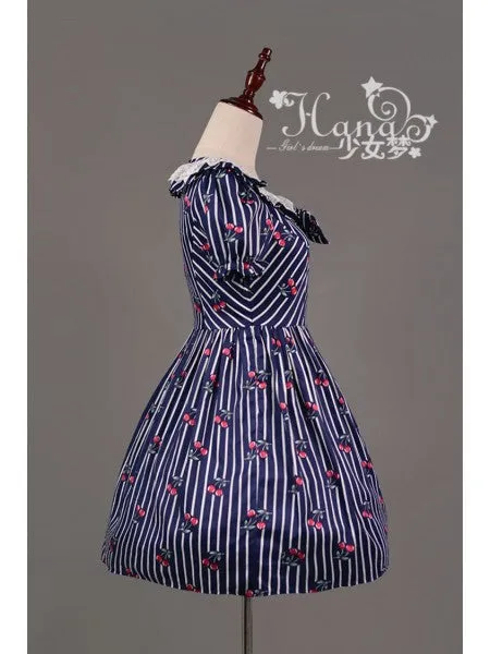 Cherry Stripe Ruffle Collar One Piece in Navy