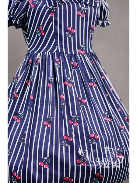 Cherry Stripe Ruffle Collar One Piece in Navy