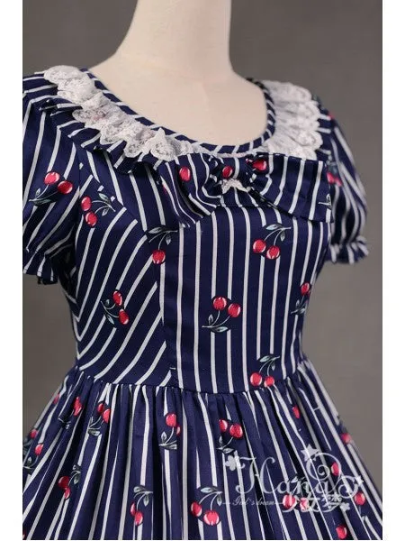 Cherry Stripe Ruffle Collar One Piece in Navy