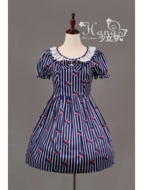 Cherry Stripe Ruffle Collar One Piece in Navy