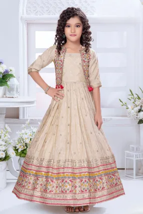 Cream Multicolor Thread and Banaras Weaving work Jacket Styled Long Party Gown for Girls