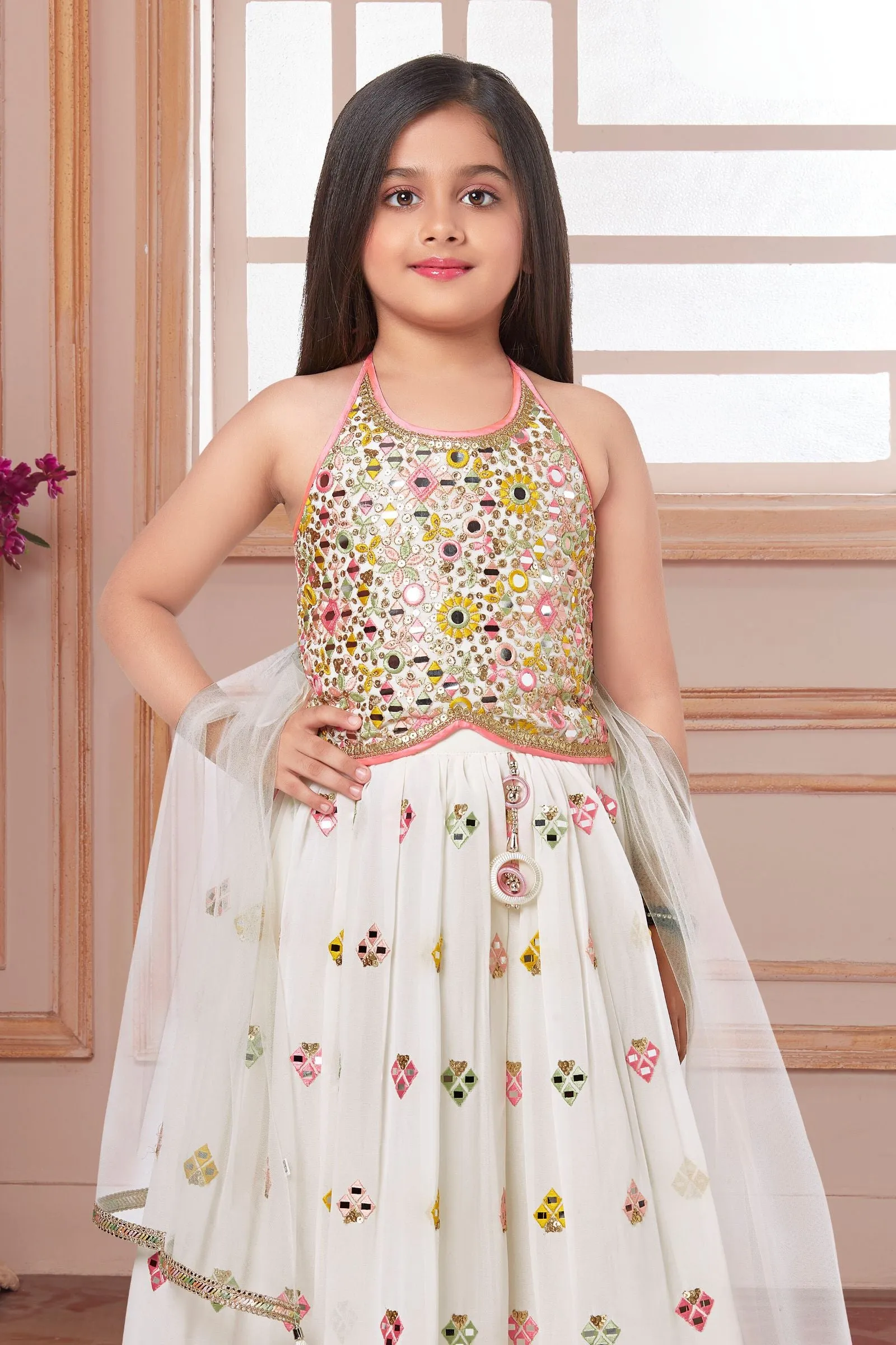 Cream Sequins, Zari and Multicolor Thread work Lehenga Choli for Girls