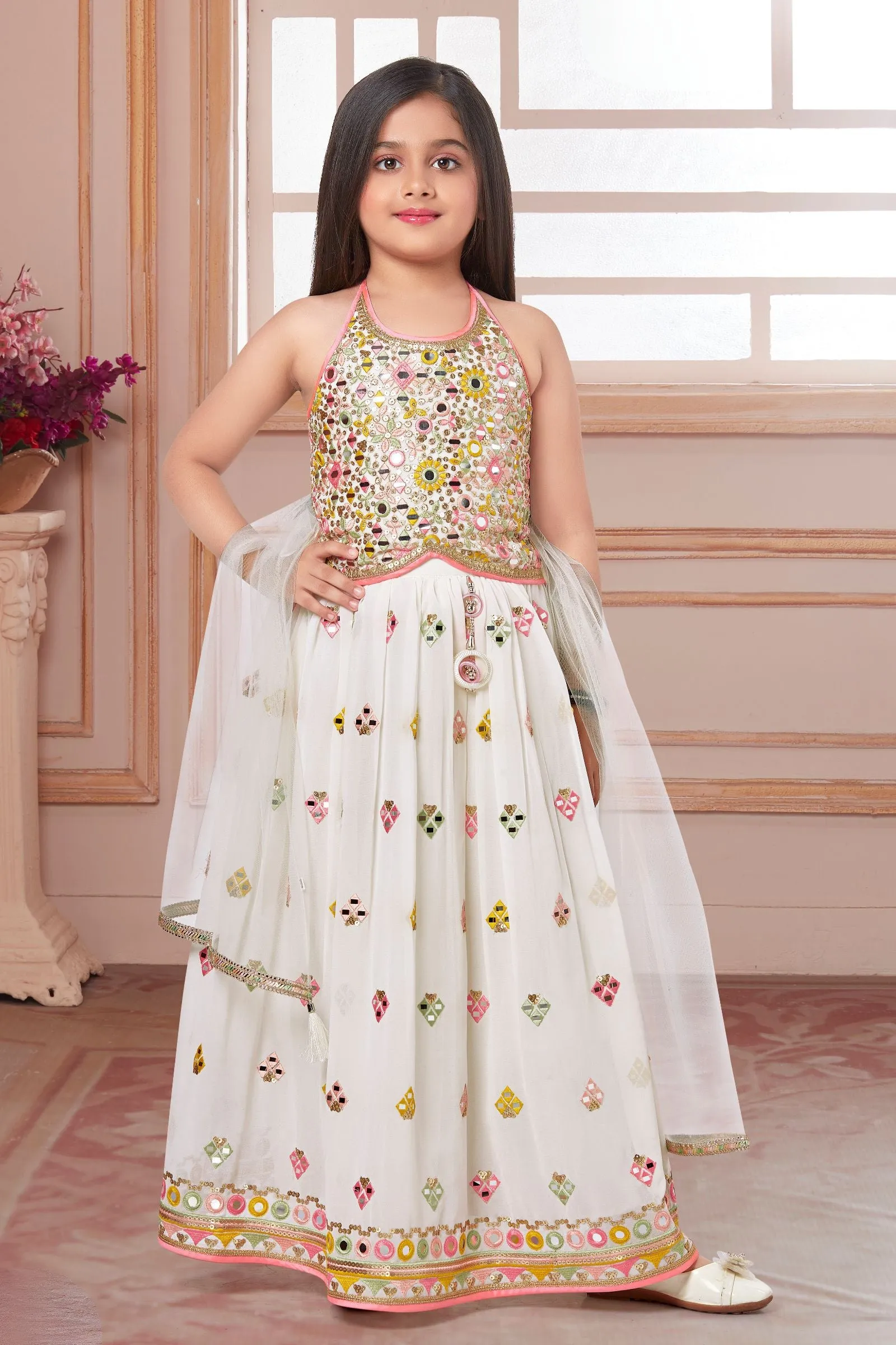 Cream Sequins, Zari and Multicolor Thread work Lehenga Choli for Girls