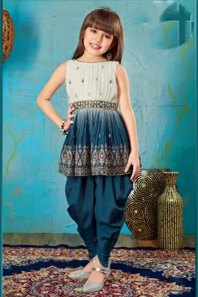 Cream with Blue Sequins, Stone, Thread and Zari work Dhoti Style Peplum Kurti for Girls