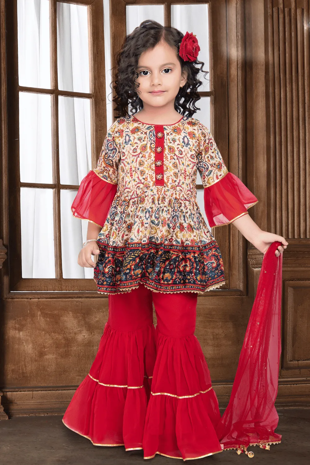 Cream with Red Digital Print, Sequins and Thread work Peplum Style Sharara Suit Set for Girls