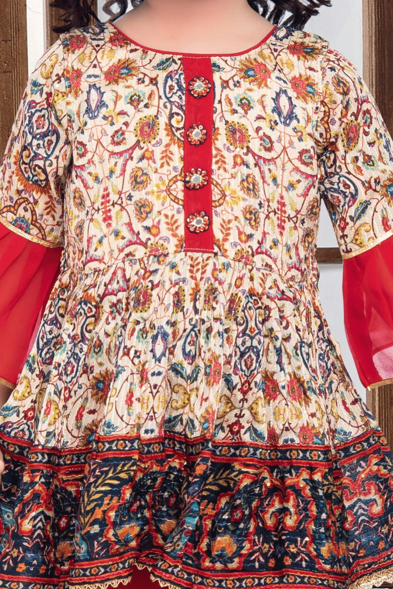 Cream with Red Digital Print, Sequins and Thread work Peplum Style Sharara Suit Set for Girls