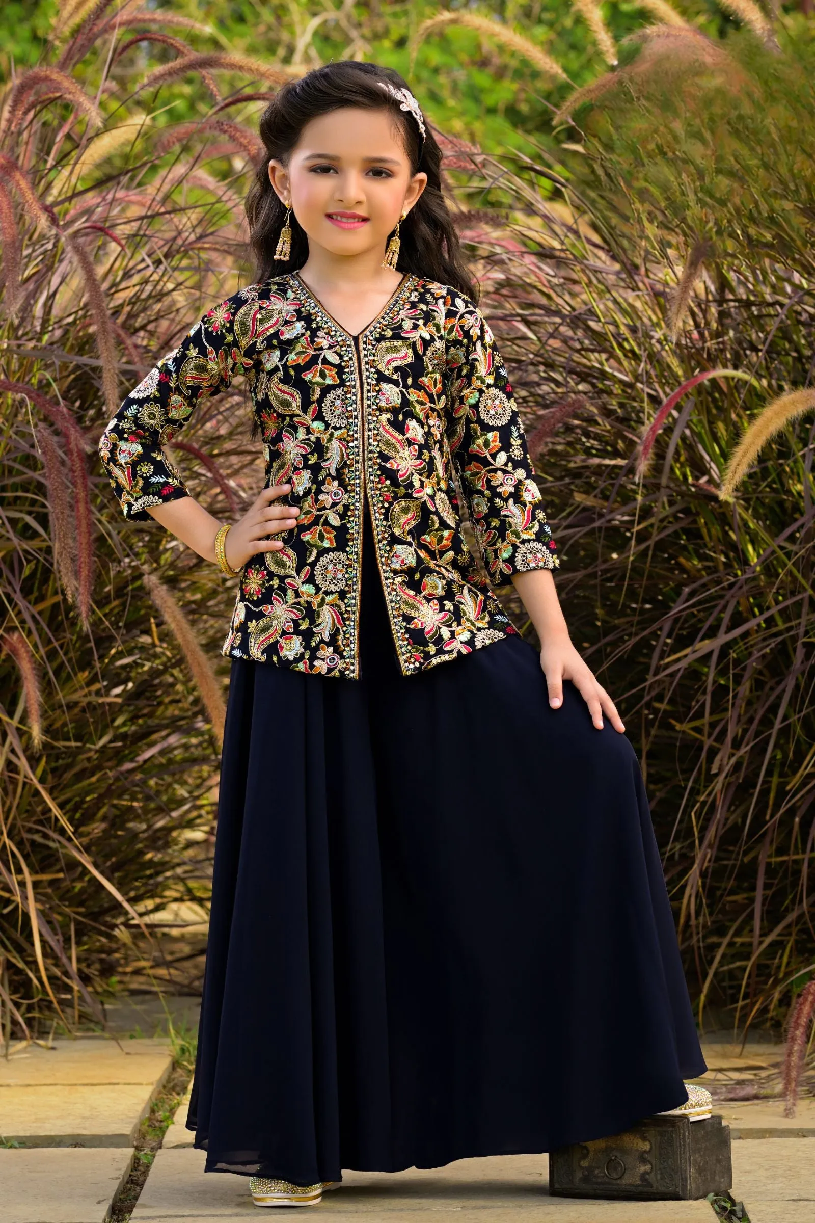 Dark Blue Multicolor Embroidery, Sequins, Stone and Zari work for Girls Palazzo Suit Set