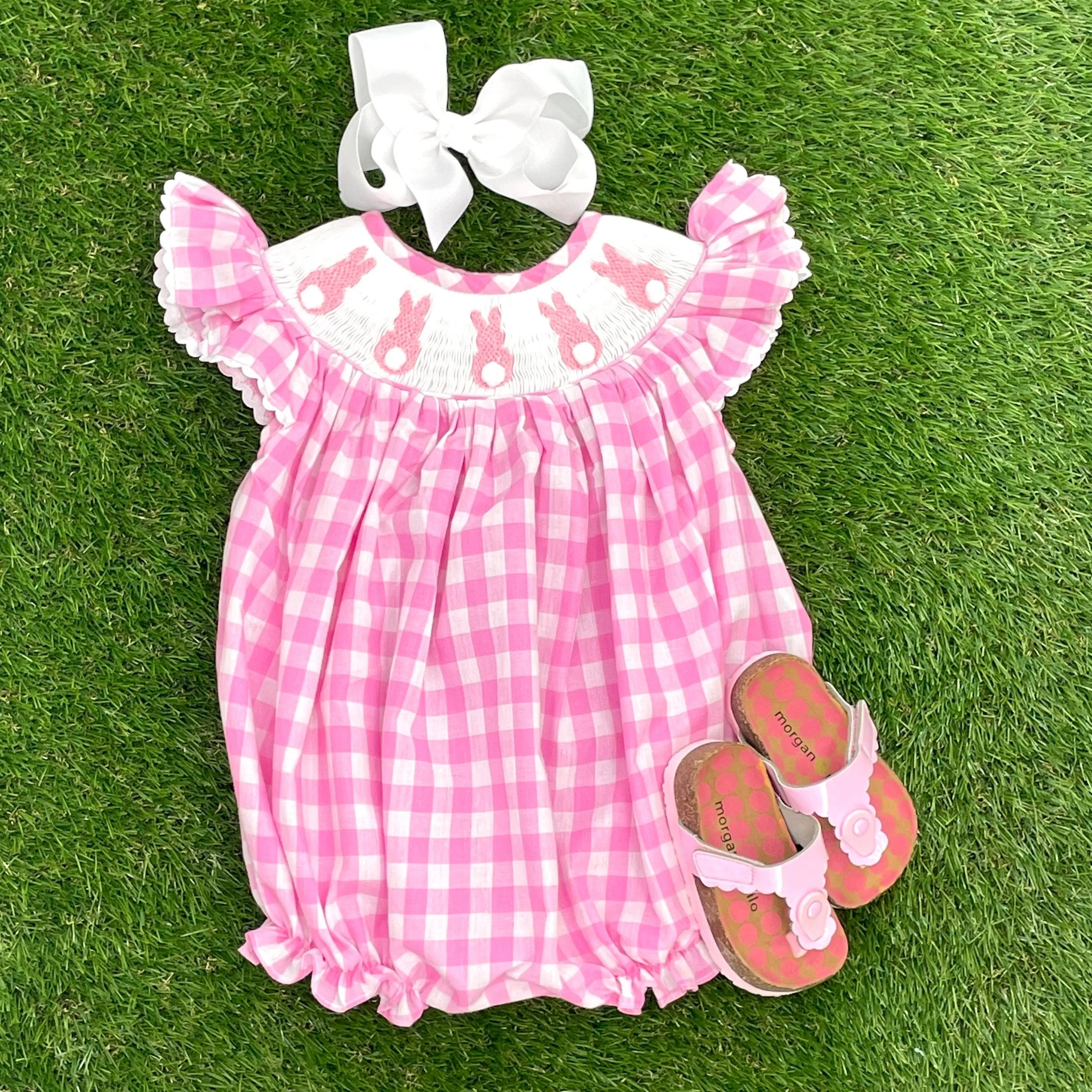 Easter Bunny smocked romper in pink gingham