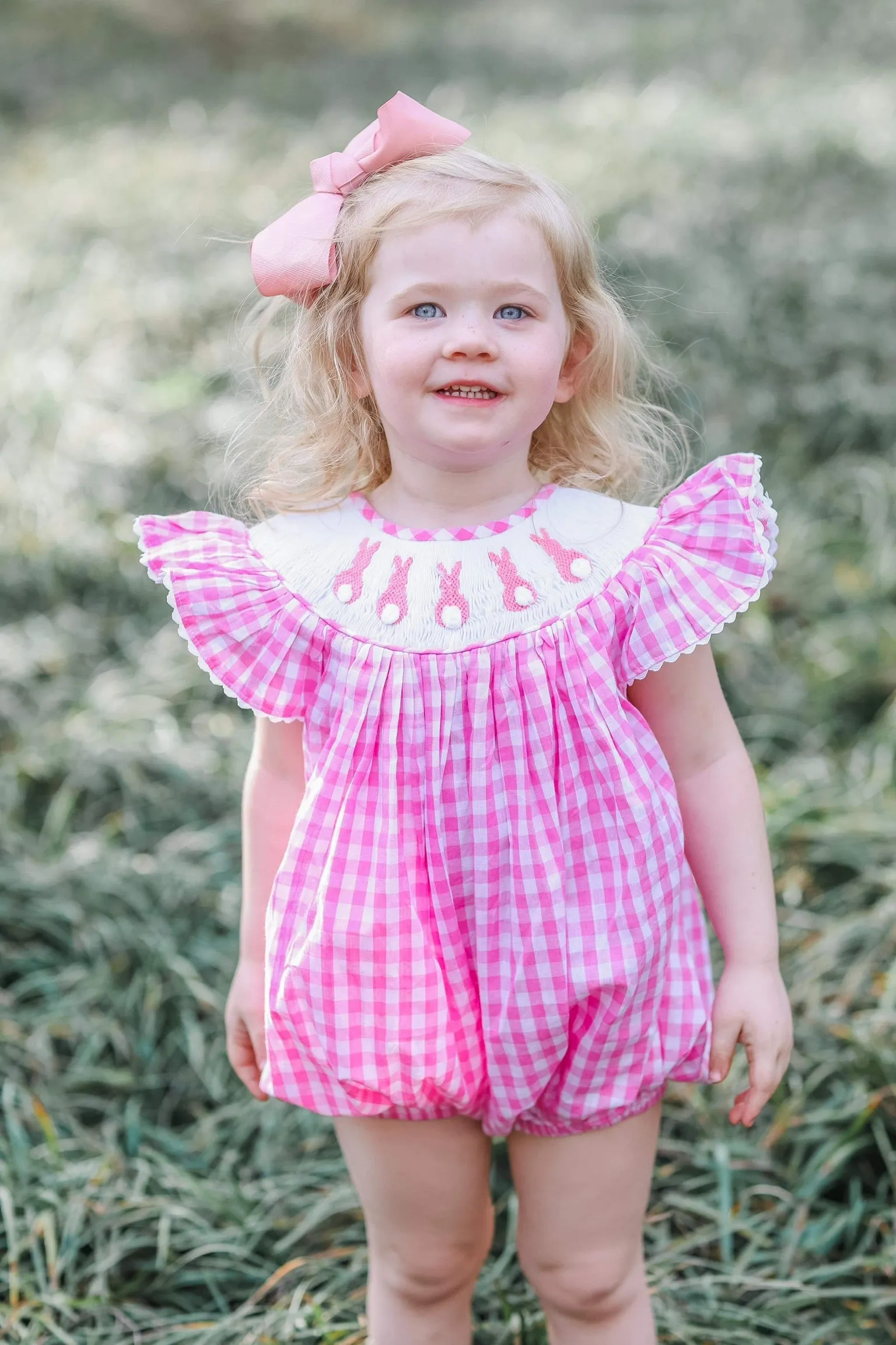 Easter Bunny smocked romper in pink gingham