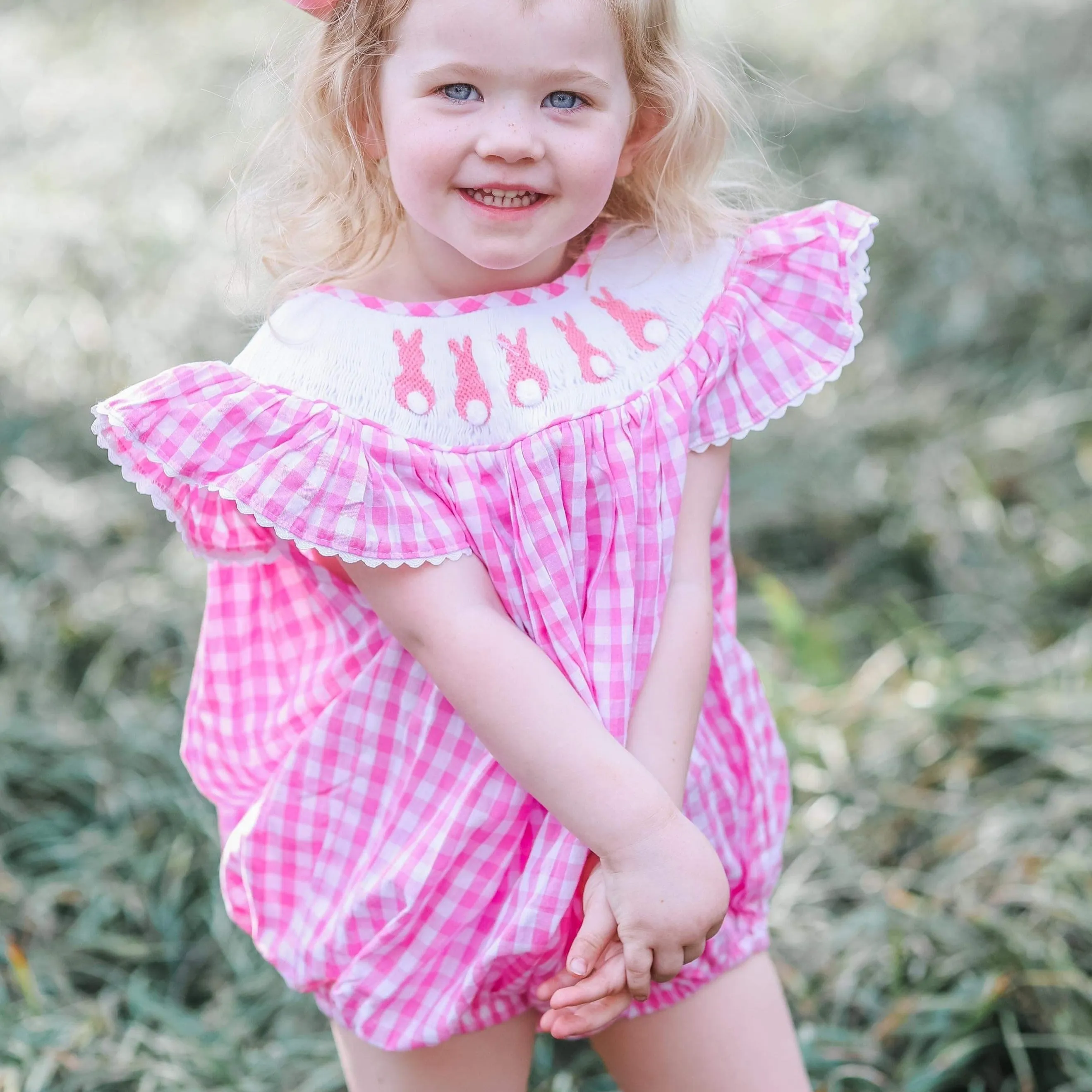 Easter Bunny smocked romper in pink gingham