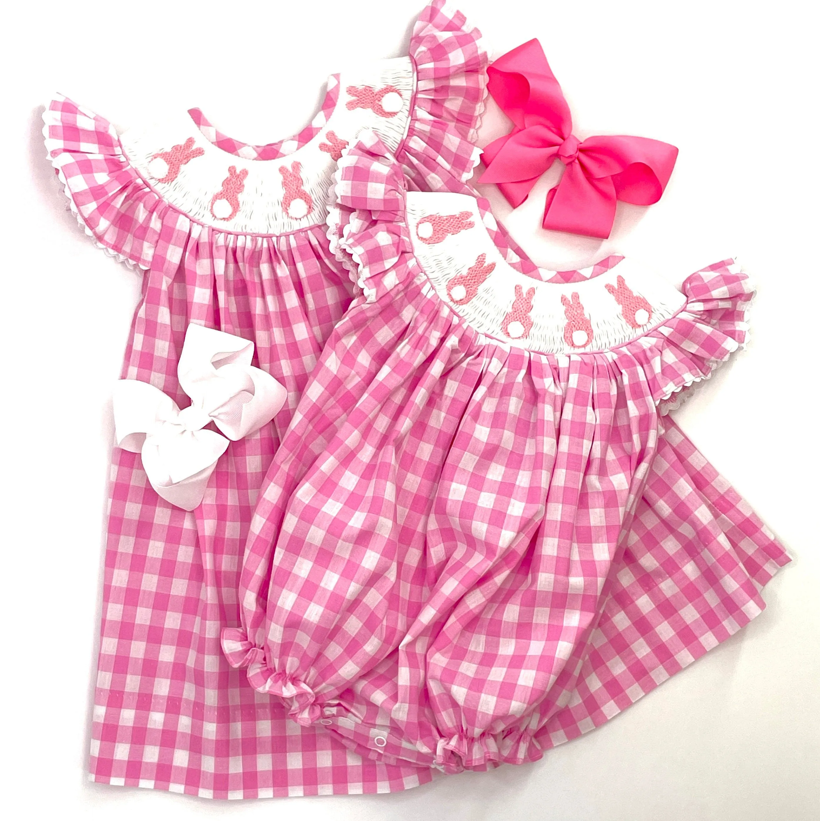 Easter Bunny smocked romper in pink gingham