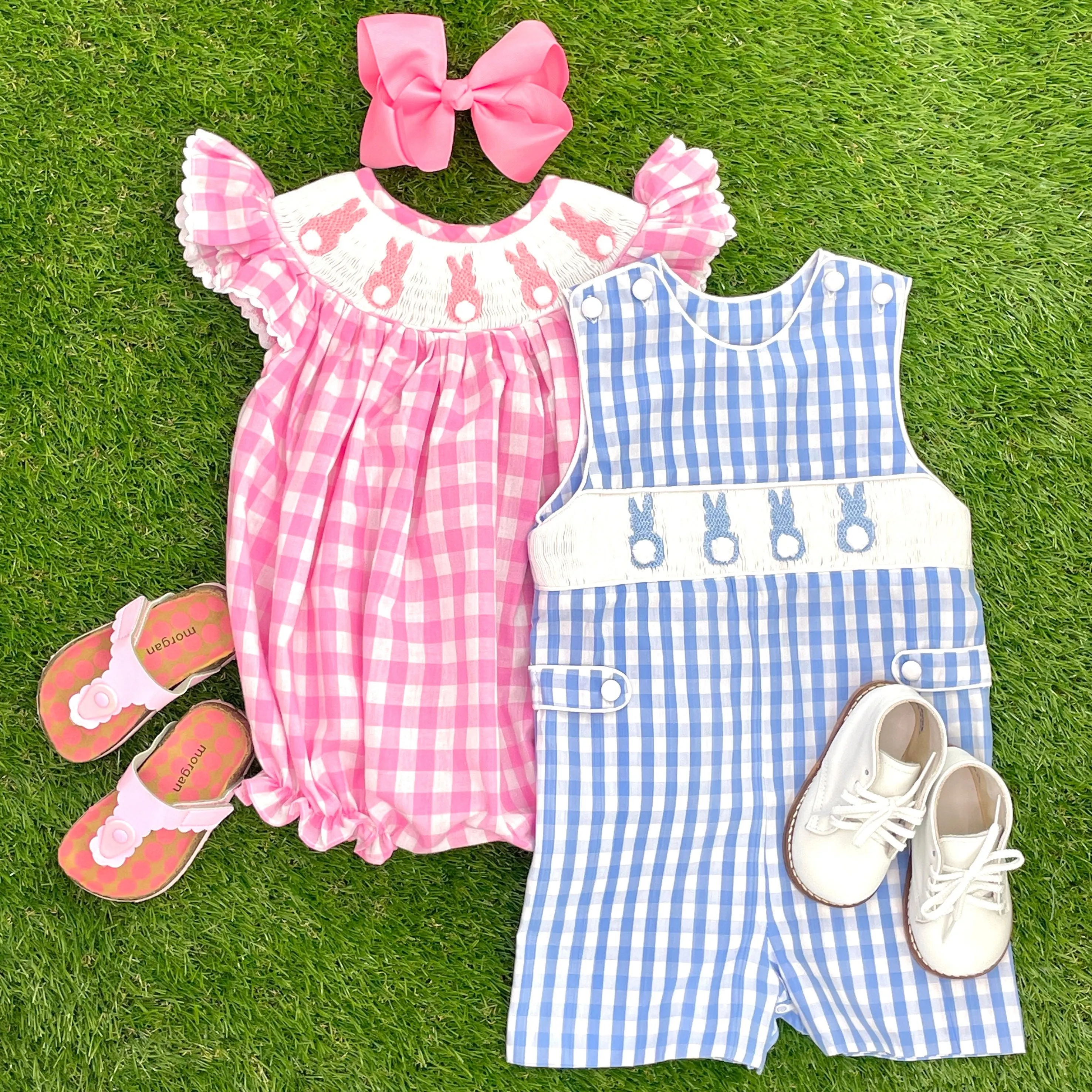 Easter Bunny smocked romper in pink gingham