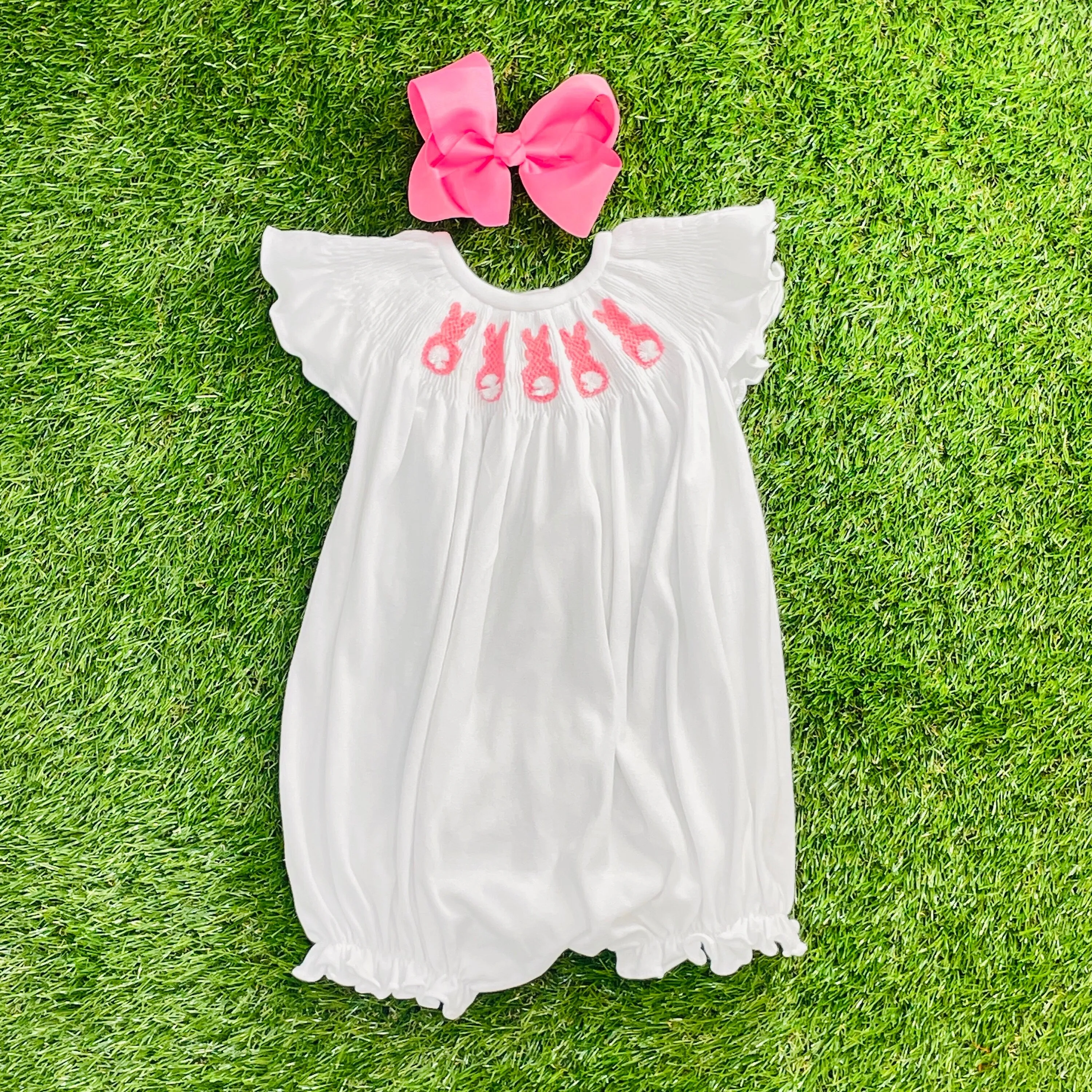 Easter Smocked Knit Romper - Pink Bunnies