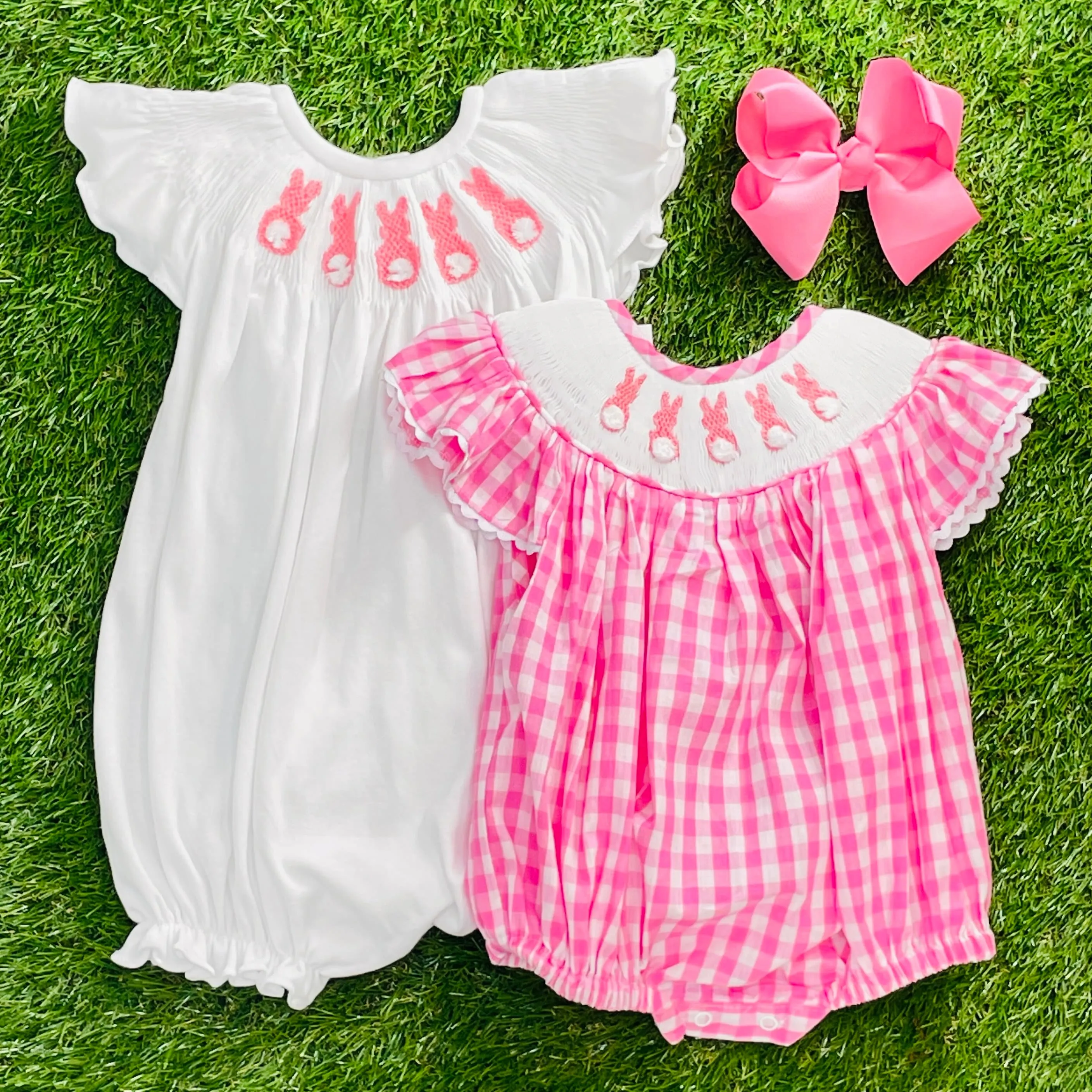 Easter Smocked Knit Romper - Pink Bunnies