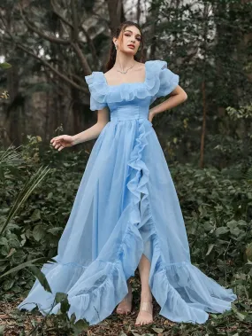 Elegant Ruffle Trim Puff Sleeves Organza Dress