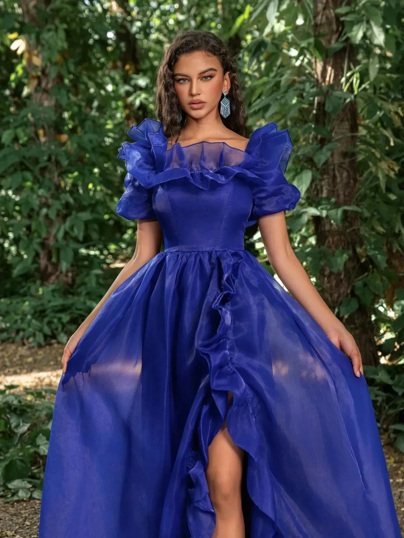 Elegant Ruffle Trim Puff Sleeves Organza Dress