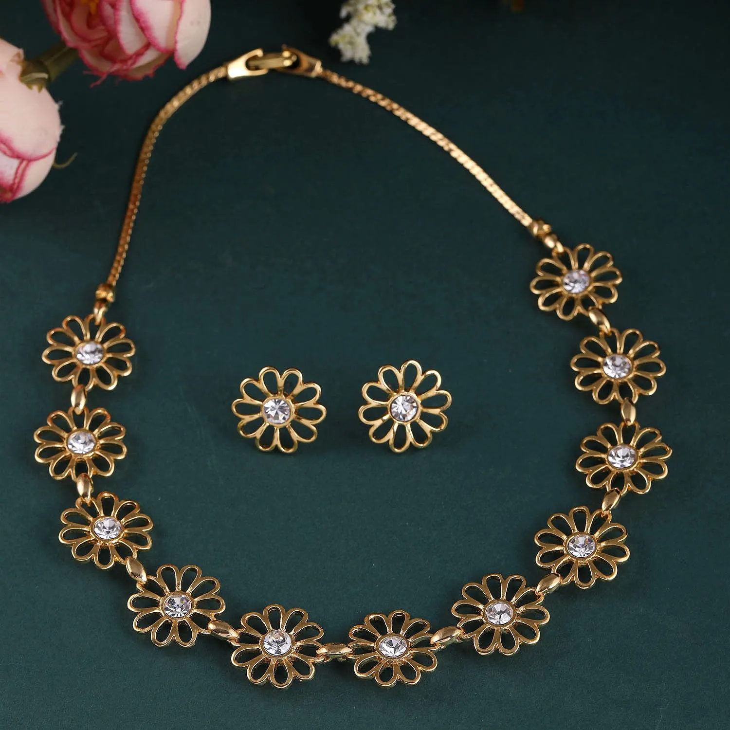 ESTELE - 24 CT GOLD PLATED Flower Diamond Necklace Set for Women