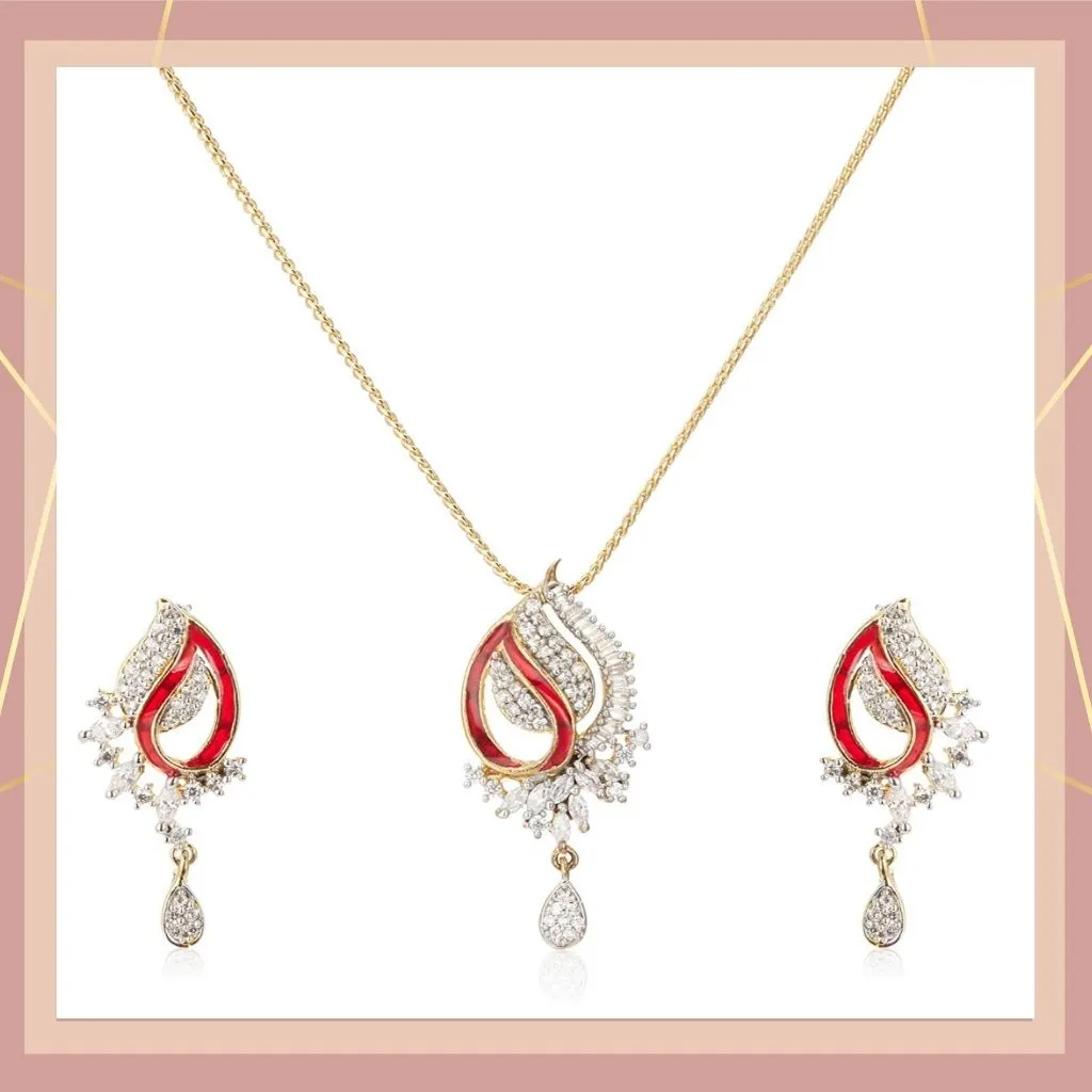 Estele 24 Kt Gold Plated American Diamond with Red Enamel Mango leaf Pendant Set for Women