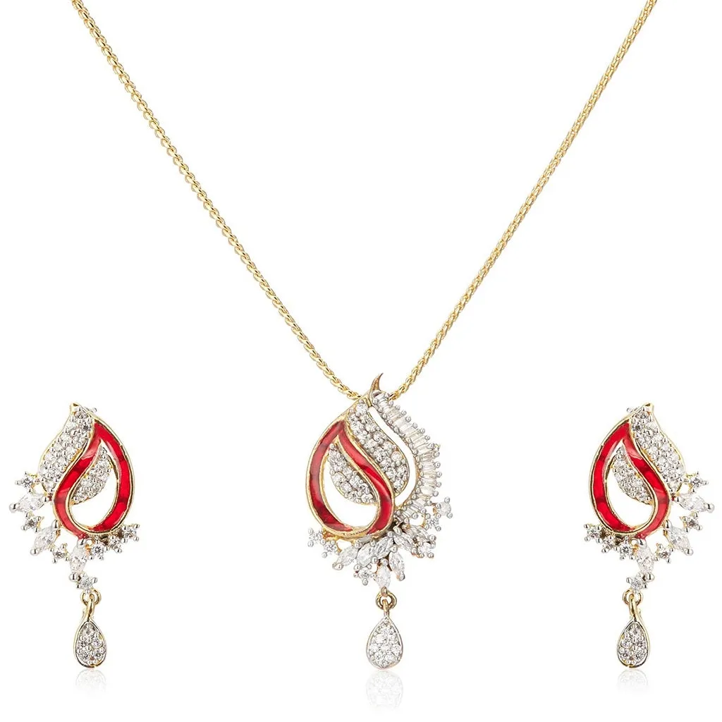 Estele 24 Kt Gold Plated American Diamond with Red Enamel Mango leaf Pendant Set for Women