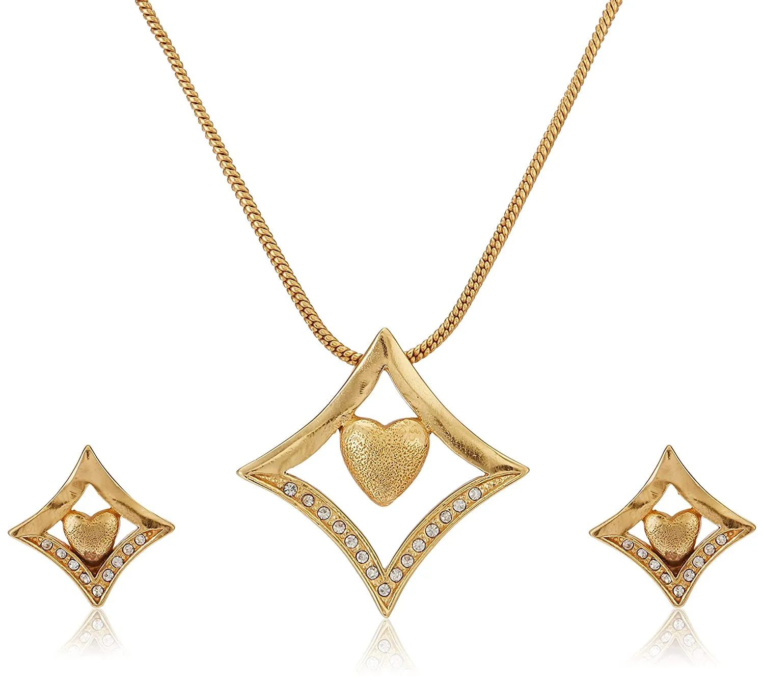 Estele 24 Kt Gold Plated Diamond Heart Chain Pendant Set for Women