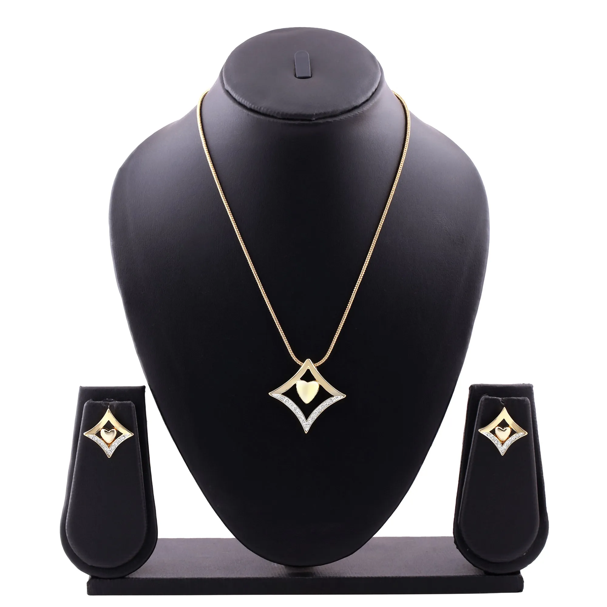 Estele 24 Kt Gold Plated Diamond Heart Chain Pendant Set for Women