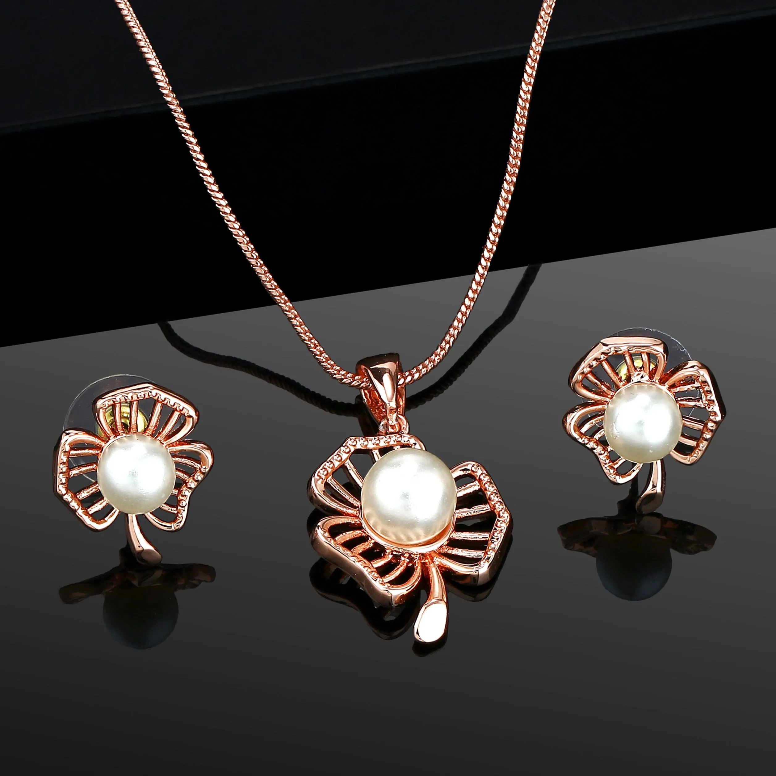 Estele 24 Kt Rosegold Plated Pearl Flower Pendant Set for Women / Girls