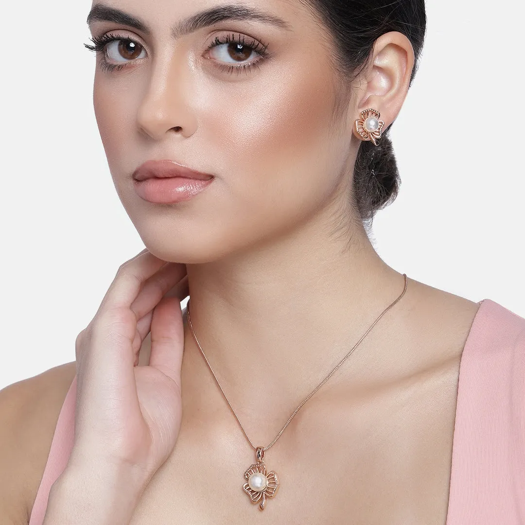 Estele 24 Kt Rosegold Plated Pearl Flower Pendant Set for Women / Girls