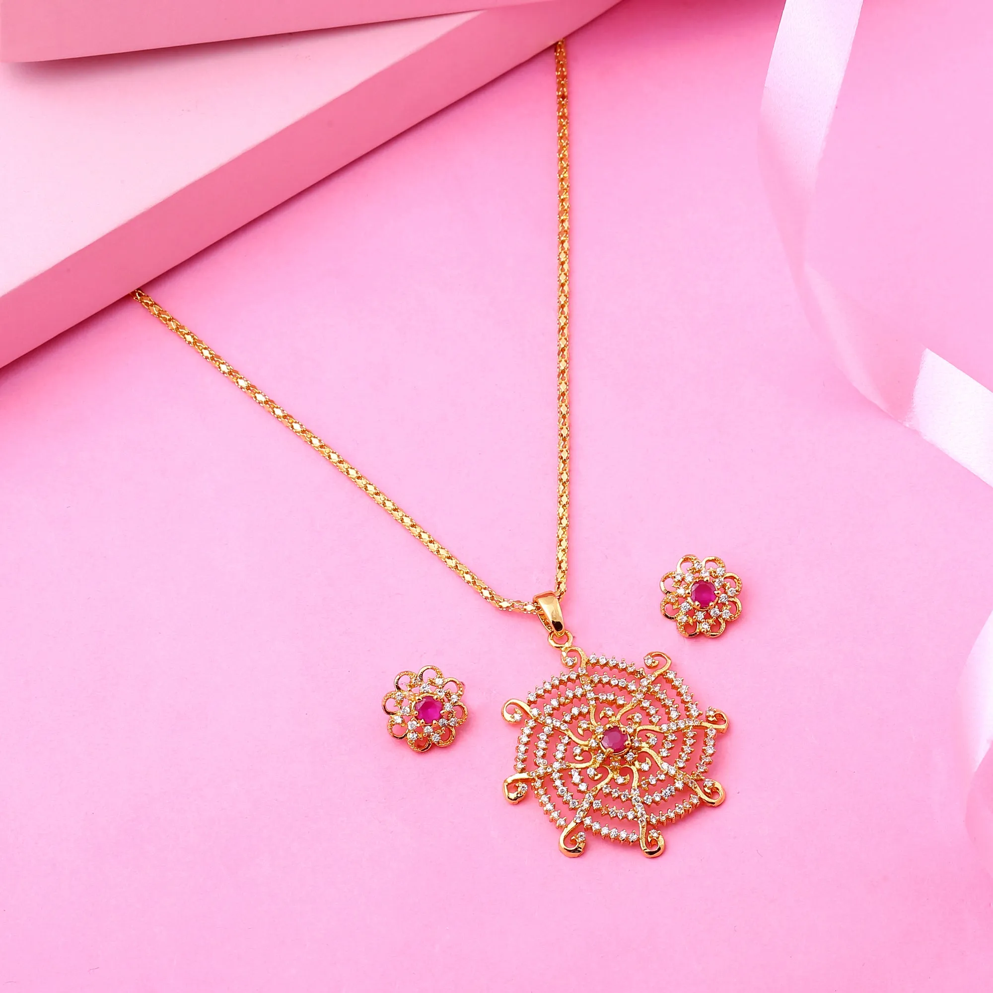 Estele beautiful gold plated with American diamonds wheel designed Pendant Set for Women