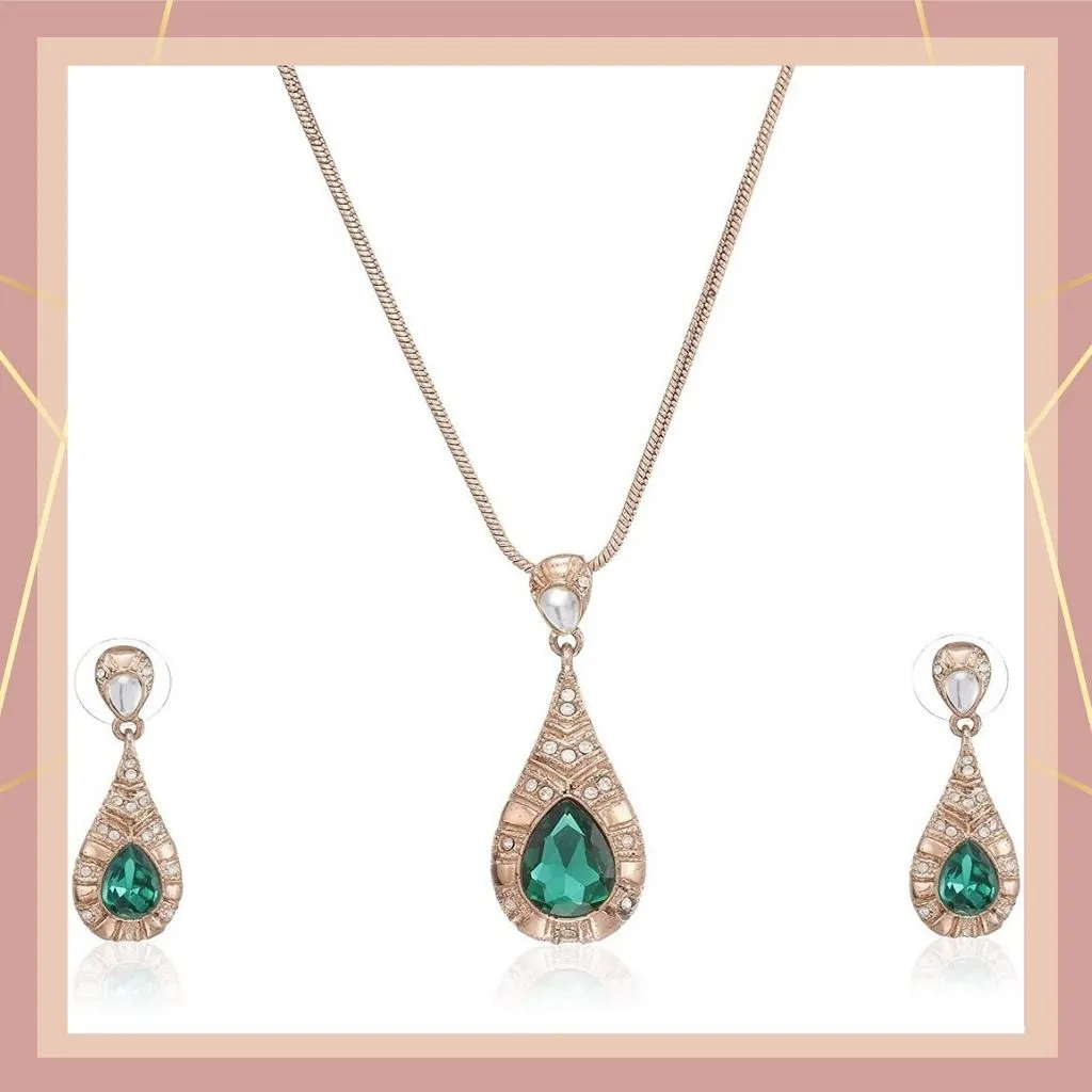 Estele - Elegant Emrald Drop halo pendant set for women