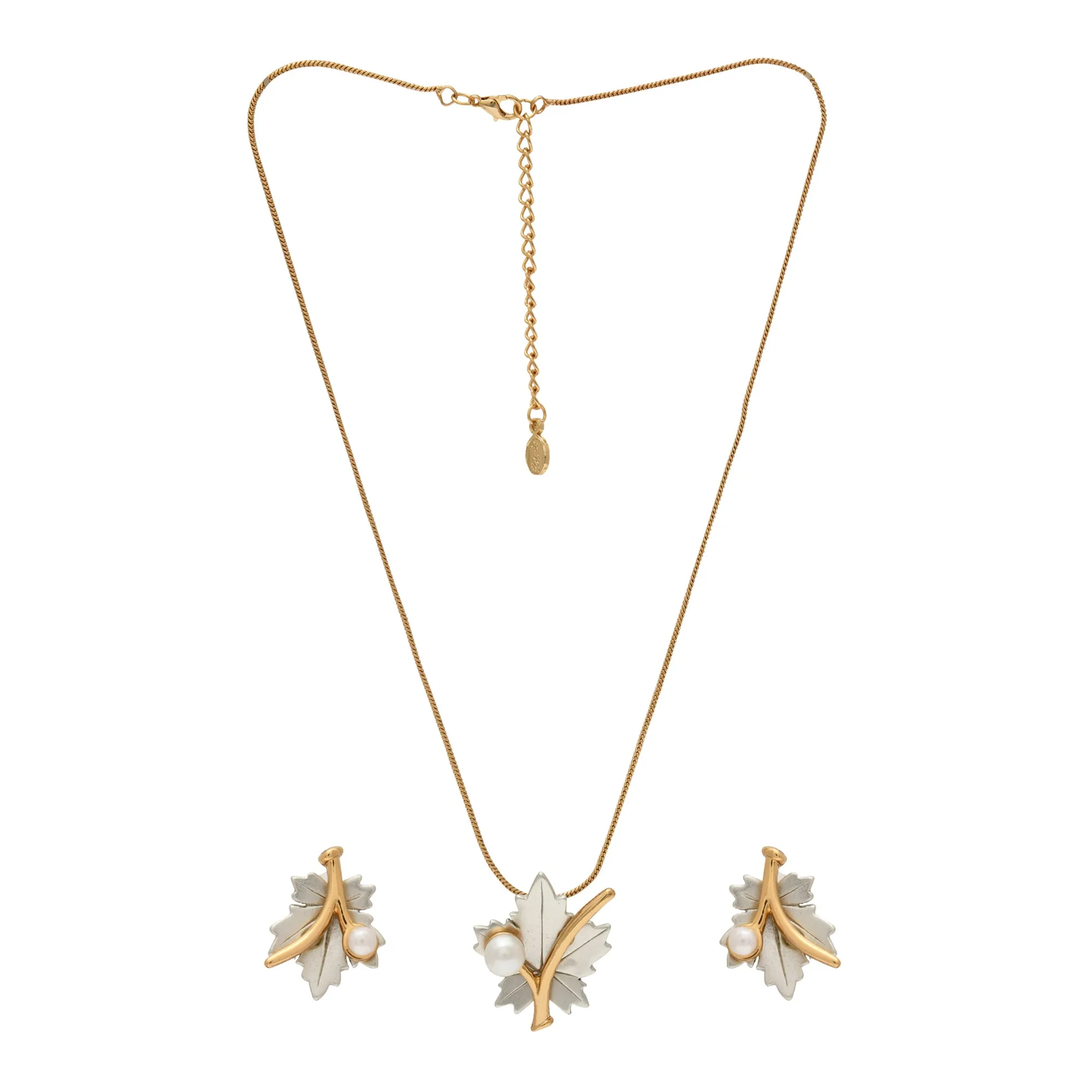 Estele Gold & Rhodium Plated Maple Leaf Designer Necklace Set with Pearl for Women