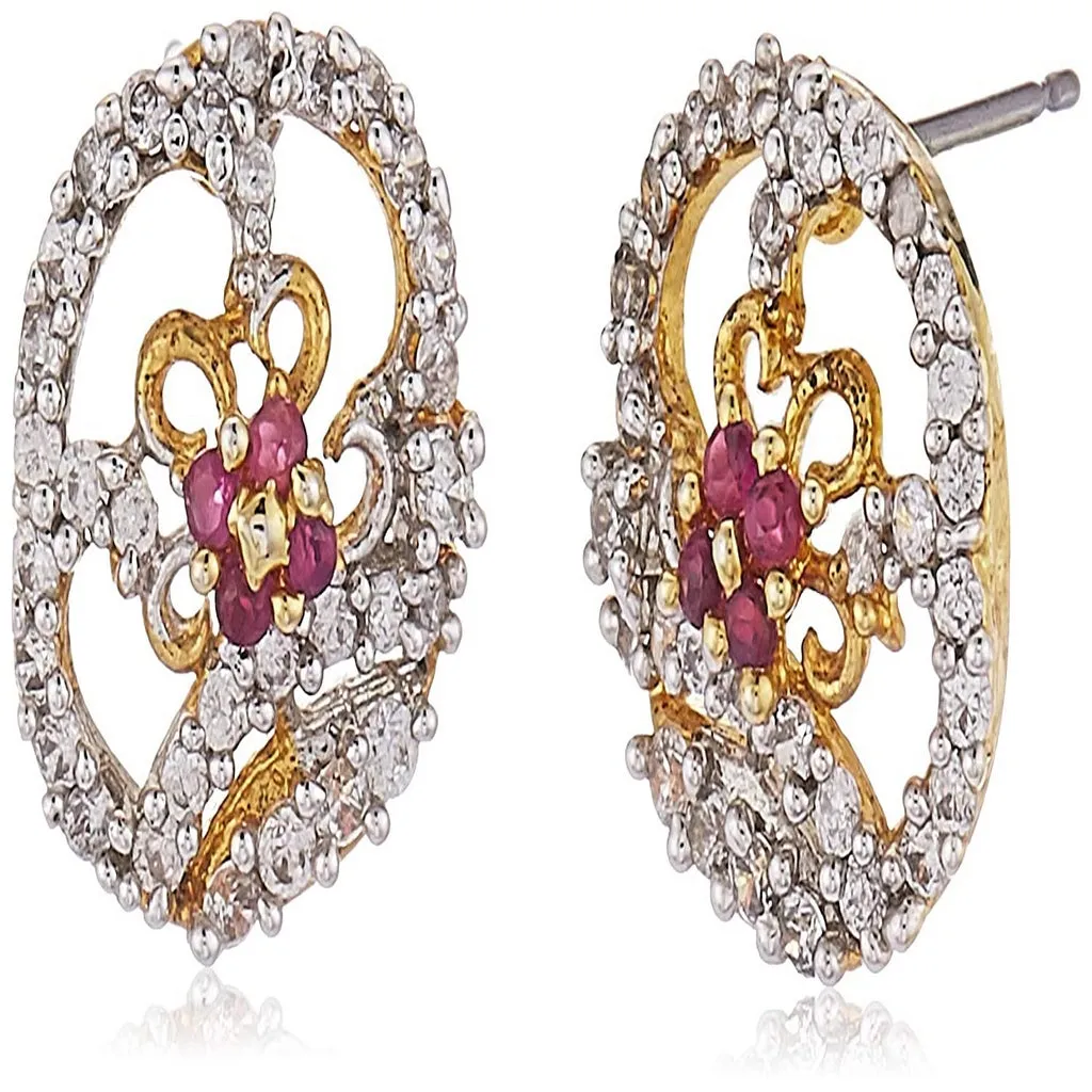 Estele Gold Plated American Diamond and Ruby Flower Shaped Fancy Pendant Set for Women / Girls