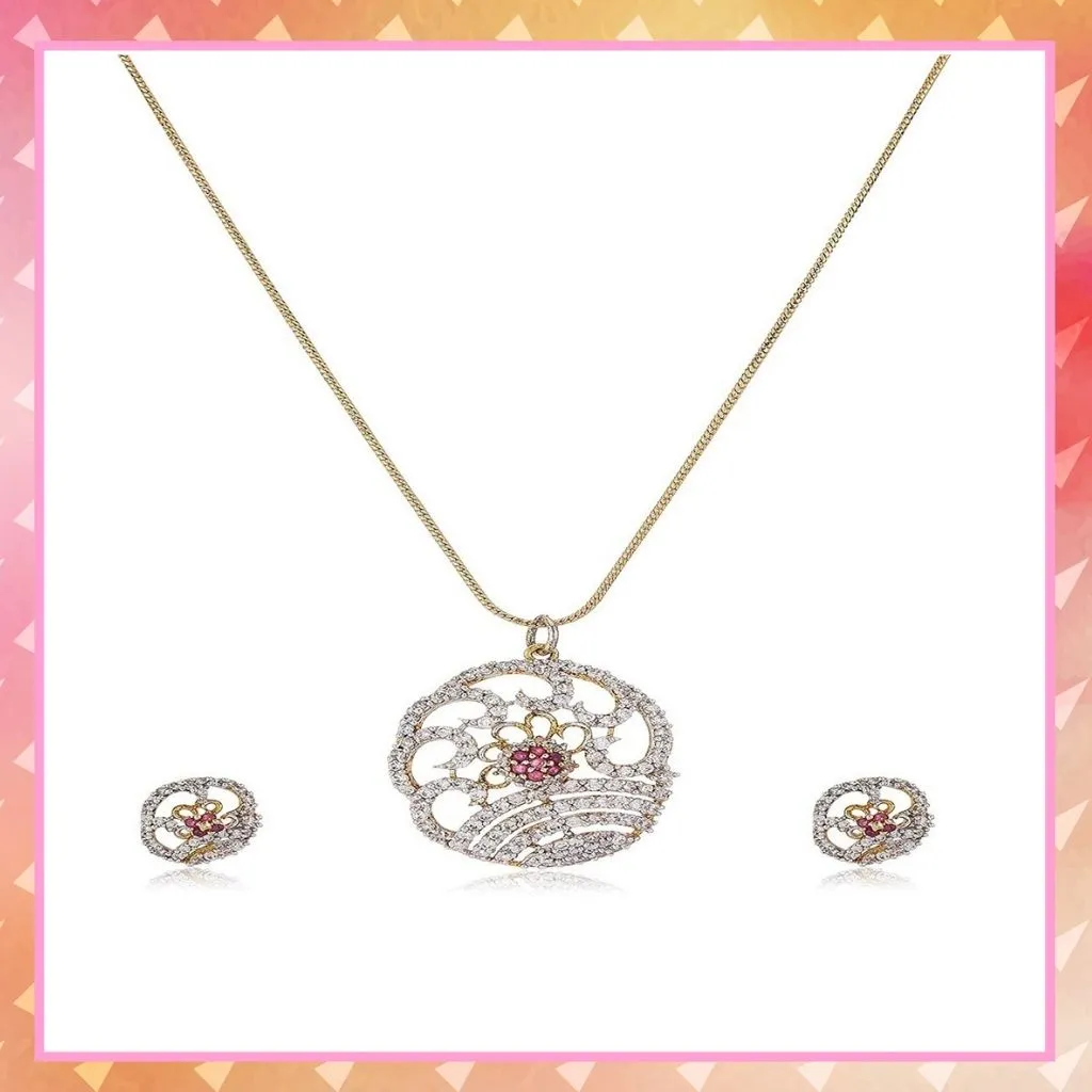 Estele Gold Plated American Diamond and Ruby Flower Shaped Fancy Pendant Set for Women / Girls