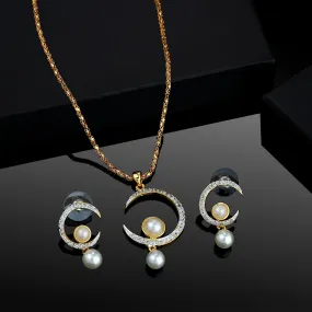 Estele Gold Plated Crescent Shaped Pendant Set with American Diamonds and Pearl Drop for Women / Girls